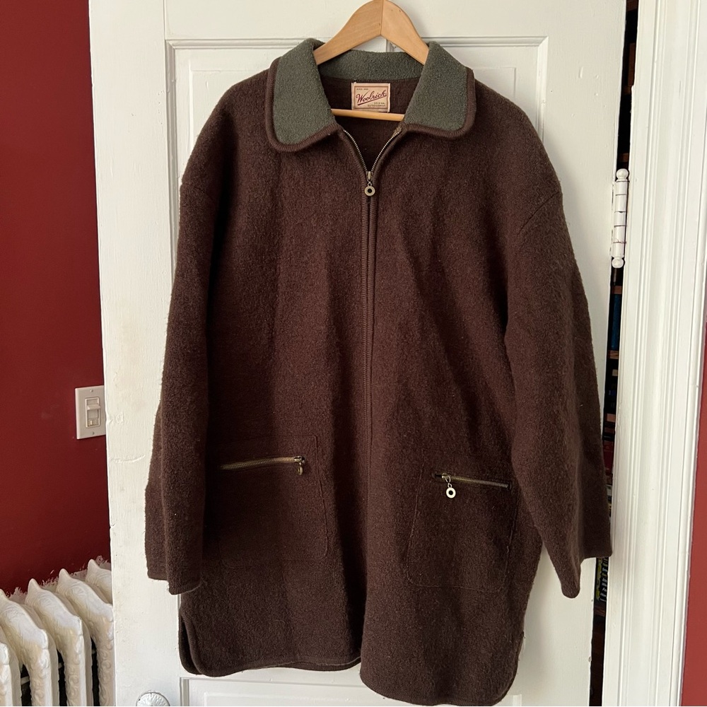 Vintage Woolrich Dark Brown 100% Wool Jacket with Green Collar, XL